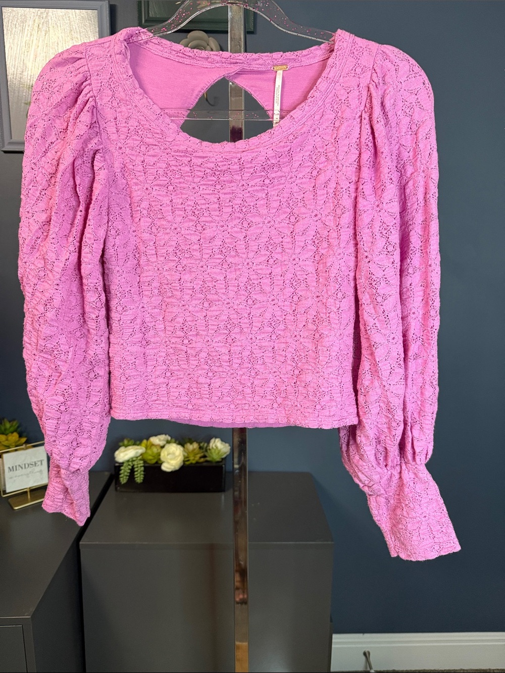 Free People Pink Lace Puff-Sleeve Women’s Blouse